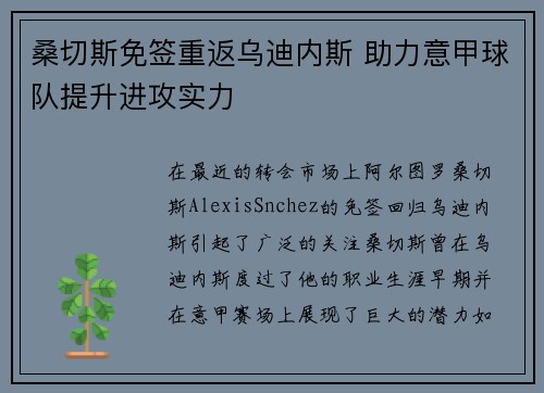 桑切斯免签重返乌迪内斯 助力意甲球队提升进攻实力