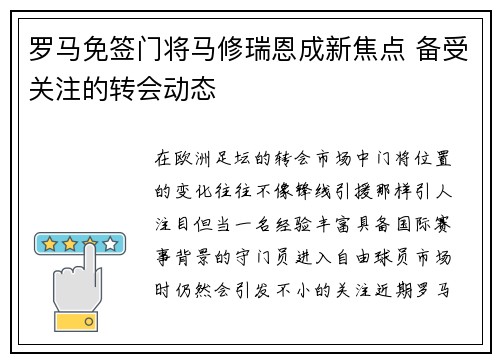 罗马免签门将马修瑞恩成新焦点 备受关注的转会动态